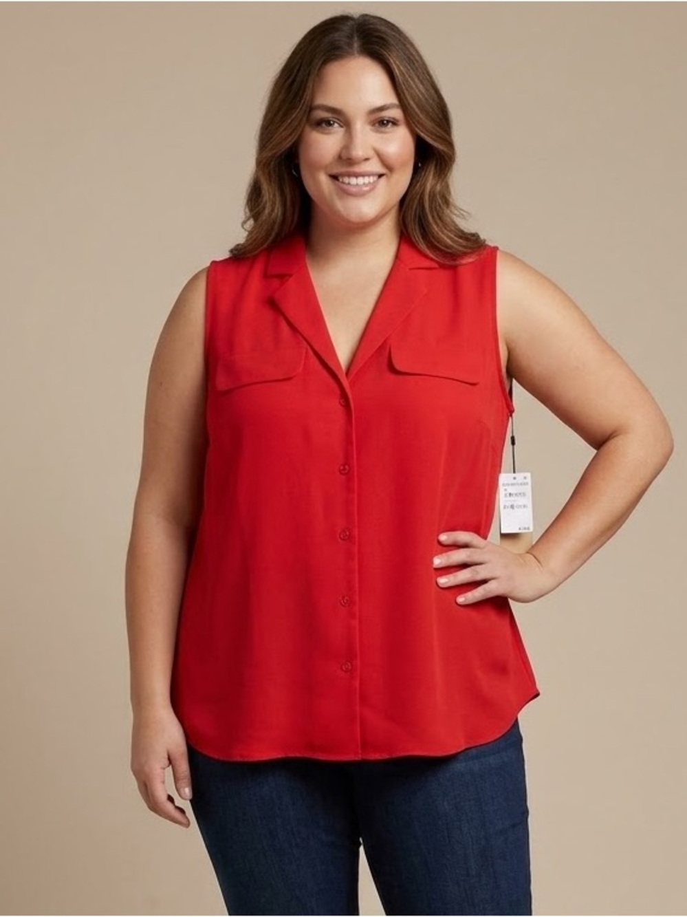Halogen Red Sleeveless Collared Pocket Utility Shirt
